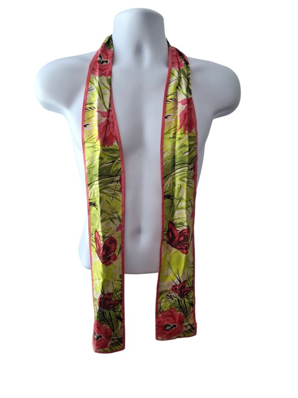 Talbots Silk Skinny Scarf Pink Floral Butterfly Cottagecore French Chic 60x4